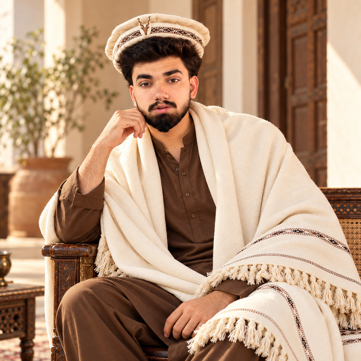 Founder of MH Libas in traditional Pakistani men's attire with Pakol cap and winter shawl