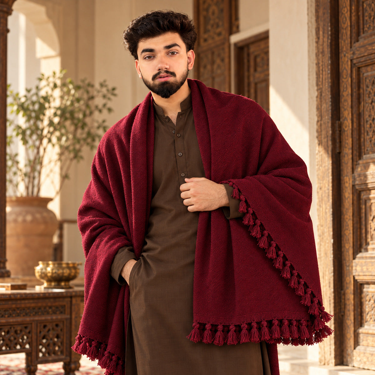 Editorial portrait of MH Libas founder with men's maroon winter shawl