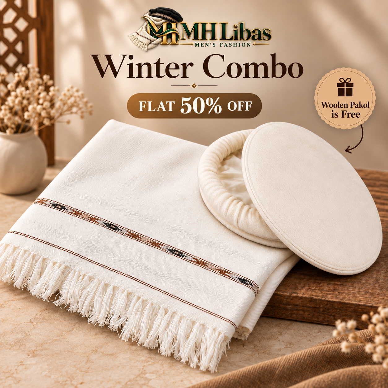 MH Libas winter combo featuring an off-white men's shawl and matching off-white woolen Pakol cap