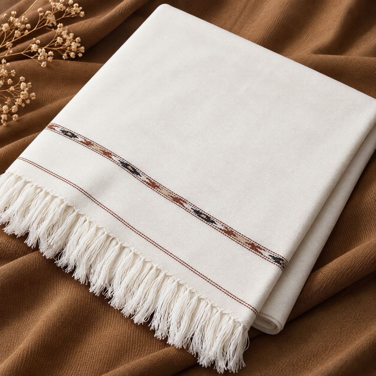 Classic off-white Pashmeena-style men's shawl with decorative woven border and fringe