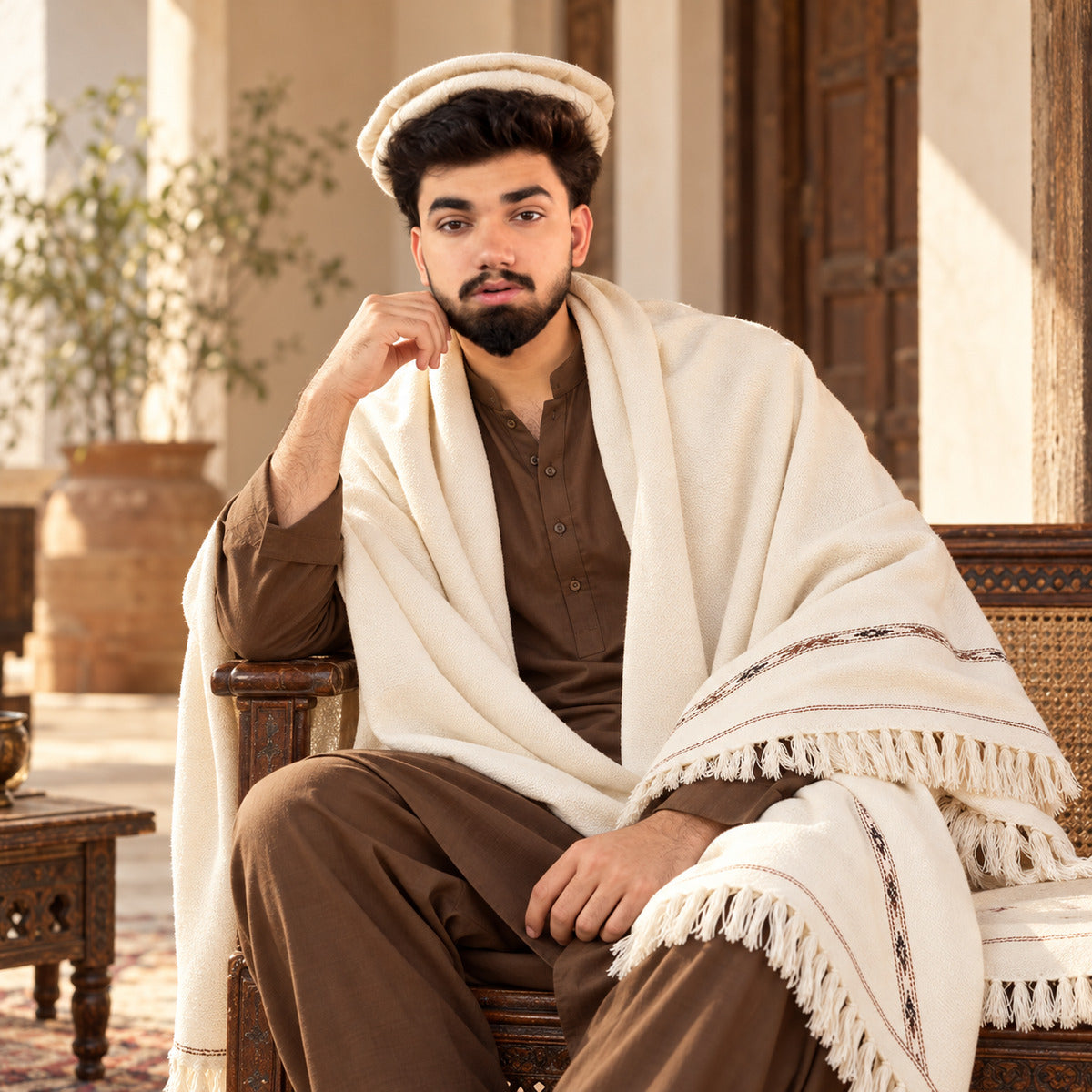 MH Libas founder Muhammad Hassnain wearing a traditional Pakistani men's winter shawl