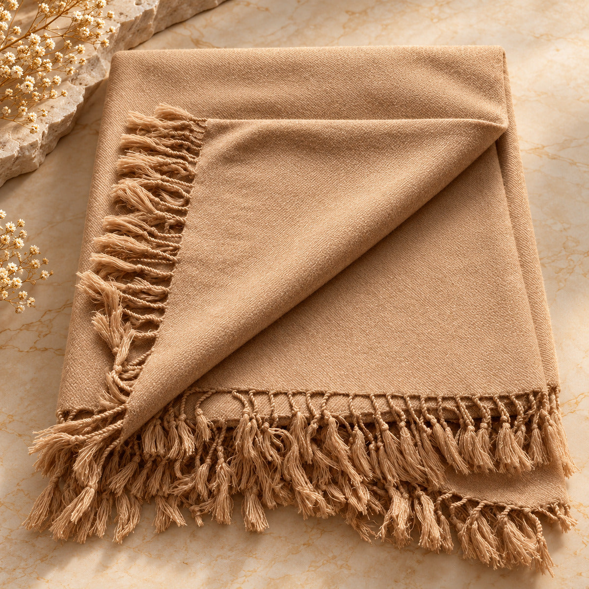 Editorial presentation of a warm-toned premium men's wool shawl